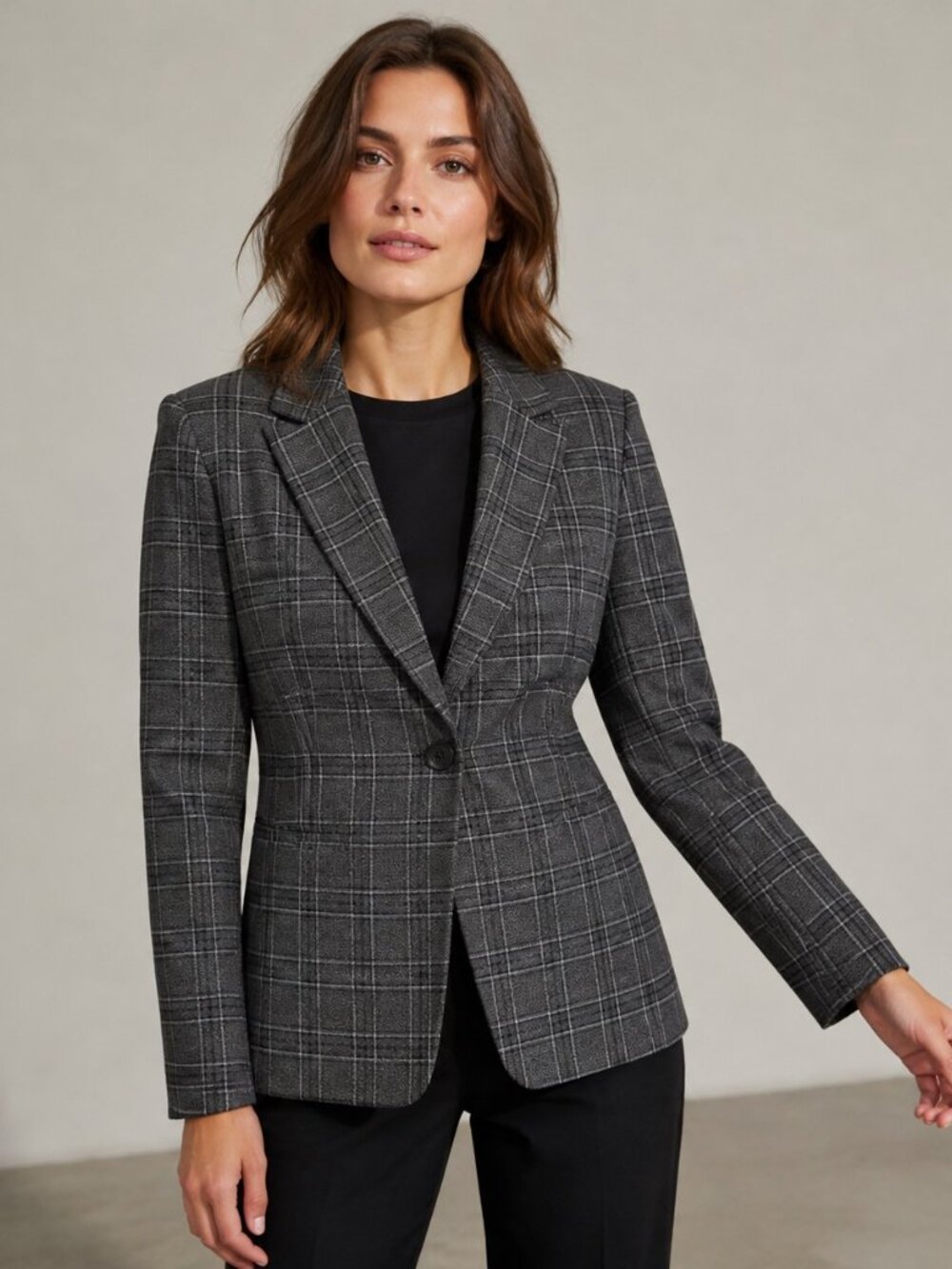 Rachel Roy Collection Plaid Blazer Women XL Gray Stretch One Button Lined